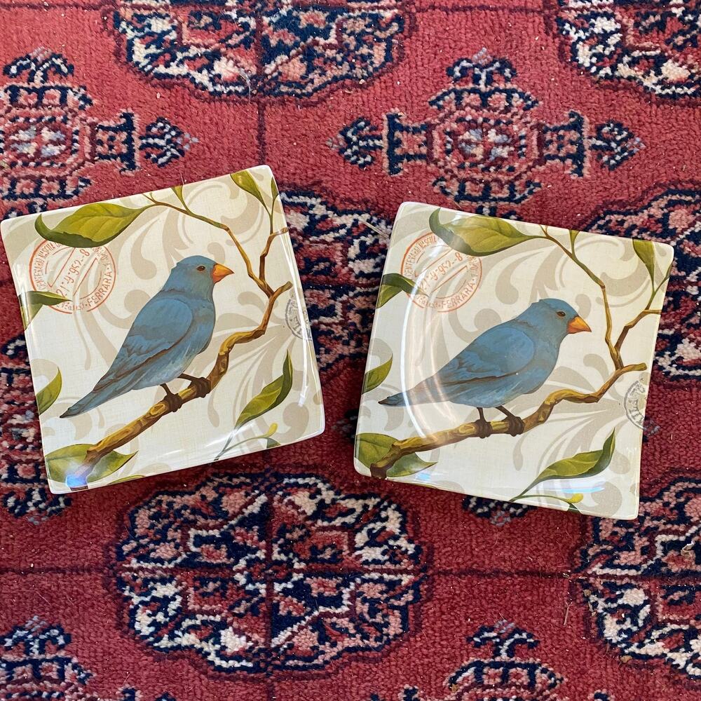 Cypress Home Pair of Cute‎ Appetizer/Dessert Plates Blue Birds, Curved Corners